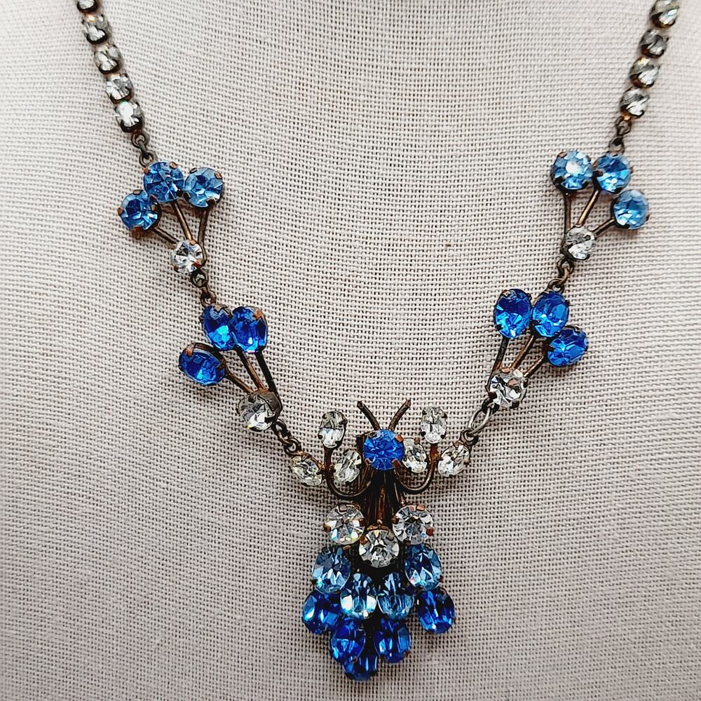 Vintage Blue Rhinestone Necklace Austrian Style 1950s Silver Tone 16 Inch